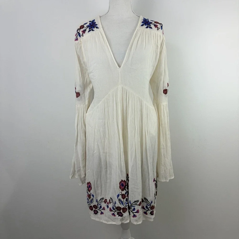 Free People Women's Embroidered Mini Dress Size Medium Ivory Boho Tunic